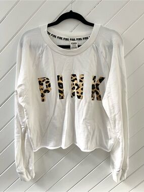 PINK Victoria's Secret White Crewneck Sweater with Leopard Logo